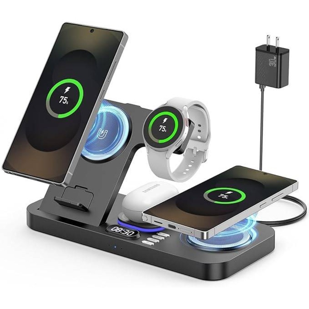 6-in-1 Magnetic Wireless Charging Station 30W Fast Charger Clock Night Light